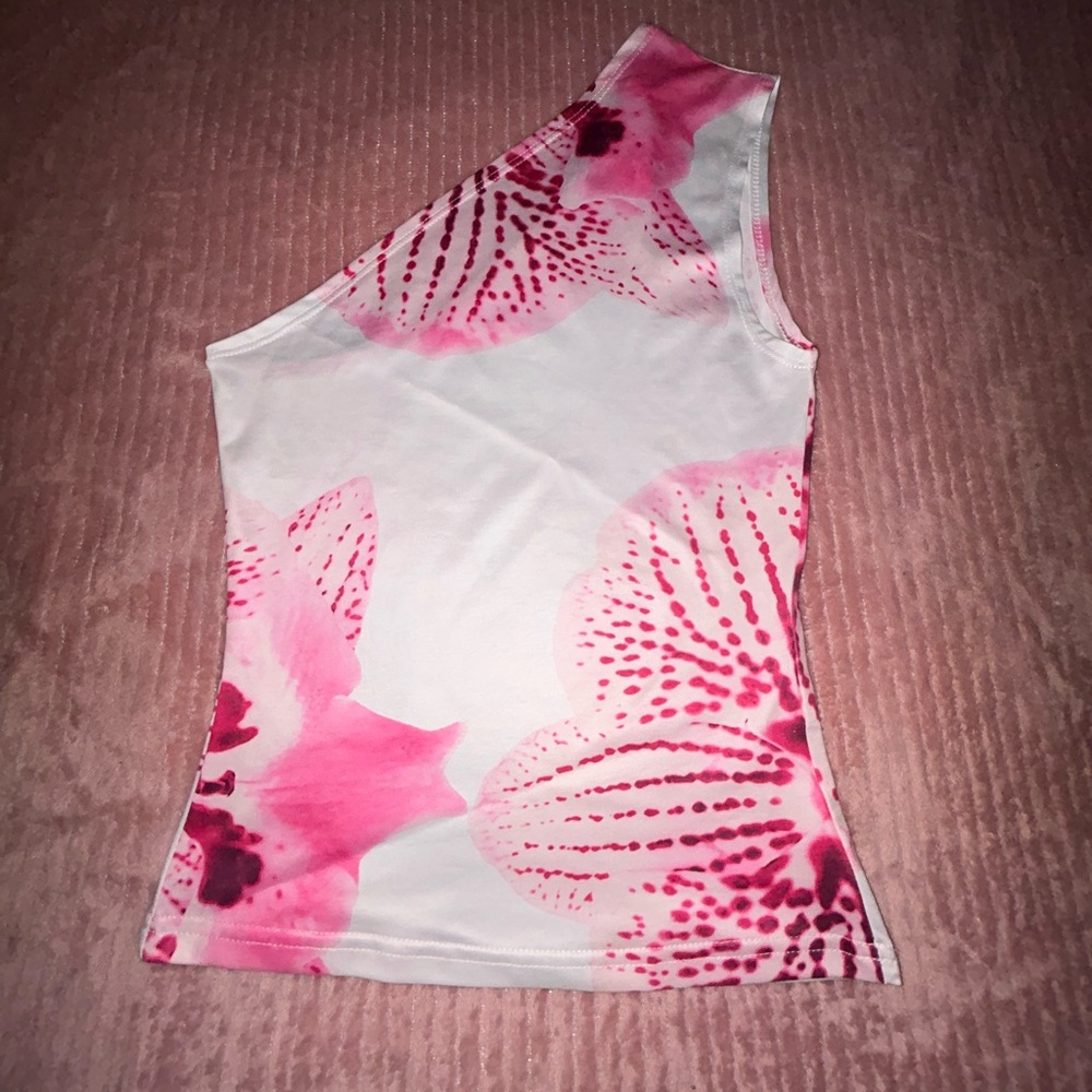 Pink and White Orchid One-Shoulder Top